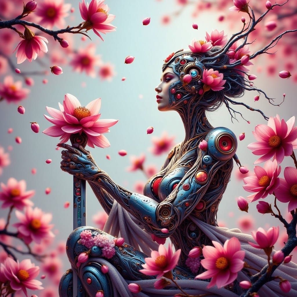 Cyberpunk Geisha Warrior with Katana and Cherry Blossoms