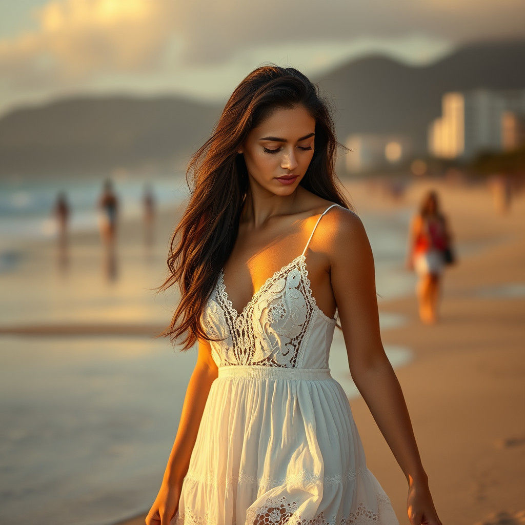 Ipanema Woman in Golden Light, Hyperrealistic Style