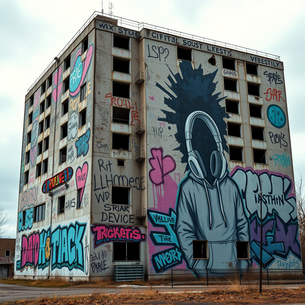 Graffiti-Covered Building with Skateboard Art in Comic Style