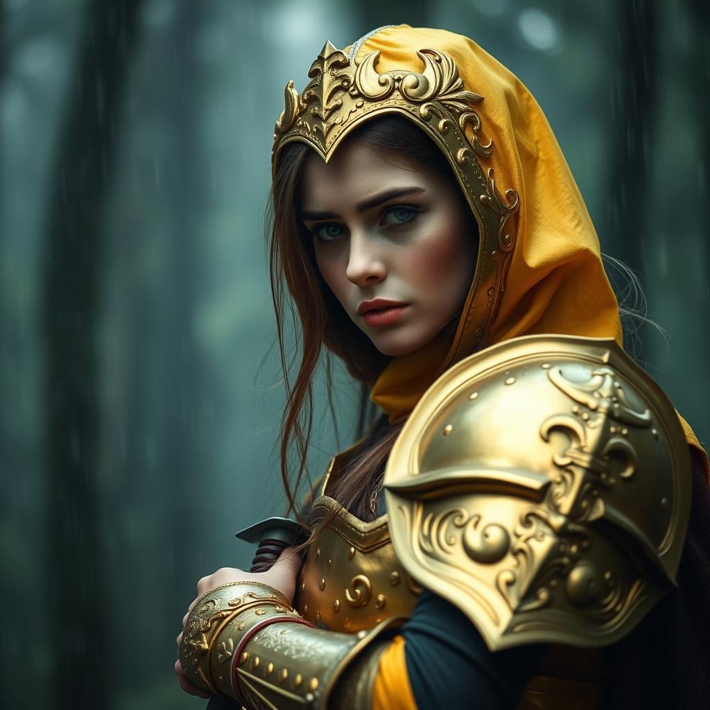 Armored Woman in Misty Forest