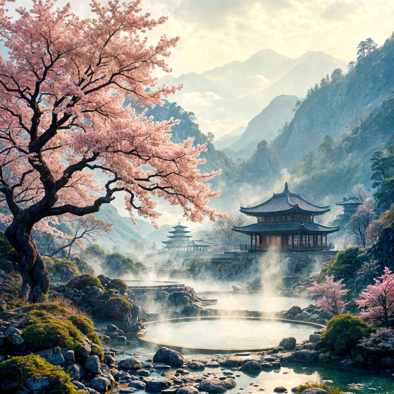 Cherry Blossoms Frame Mountain Hot Springs