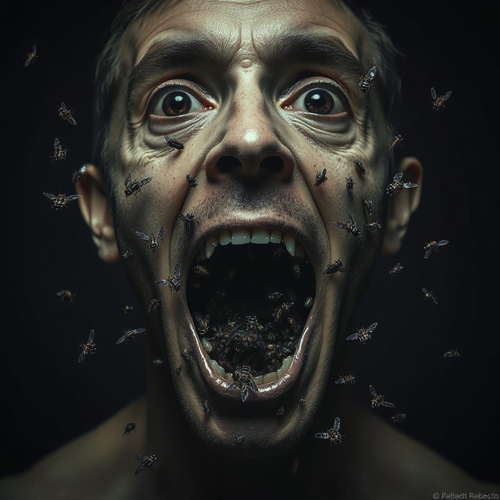 Gothic Dystopian Art: Man Releasing Swarm of Flies