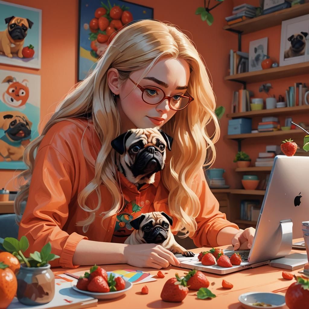Woman Crafting with Pug: 3D Pixar-Style Art