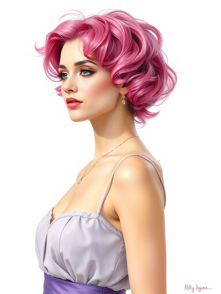 Woman with Pink Hair in Art Nouveau Aquarelle Style