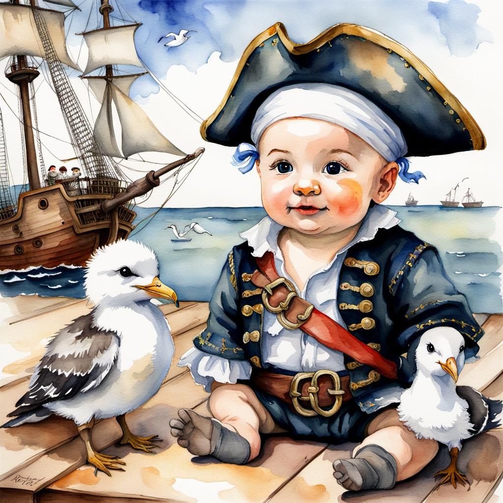 Adorable Baby Pirate on Deck in Rembrandt Watercolor Style