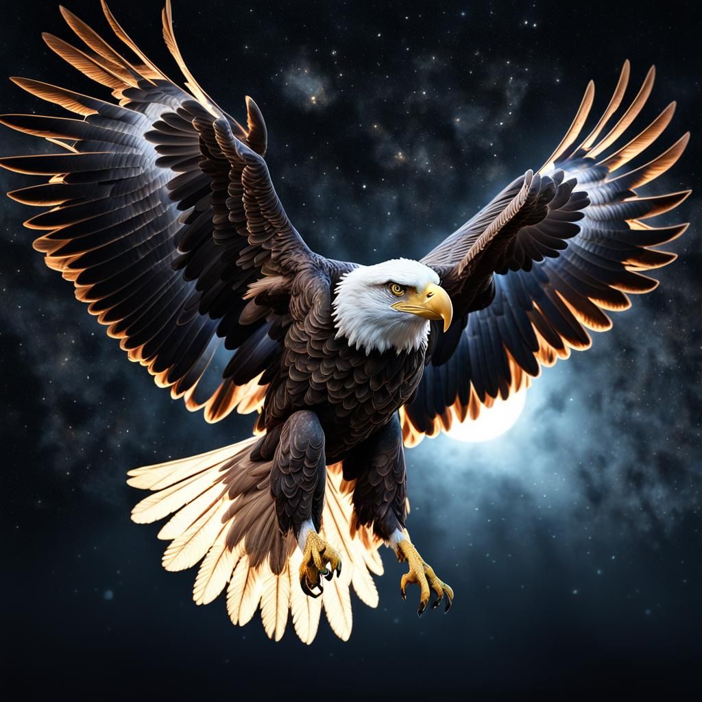 Epic Eagle Soaring Before Moon in Holographic CGI