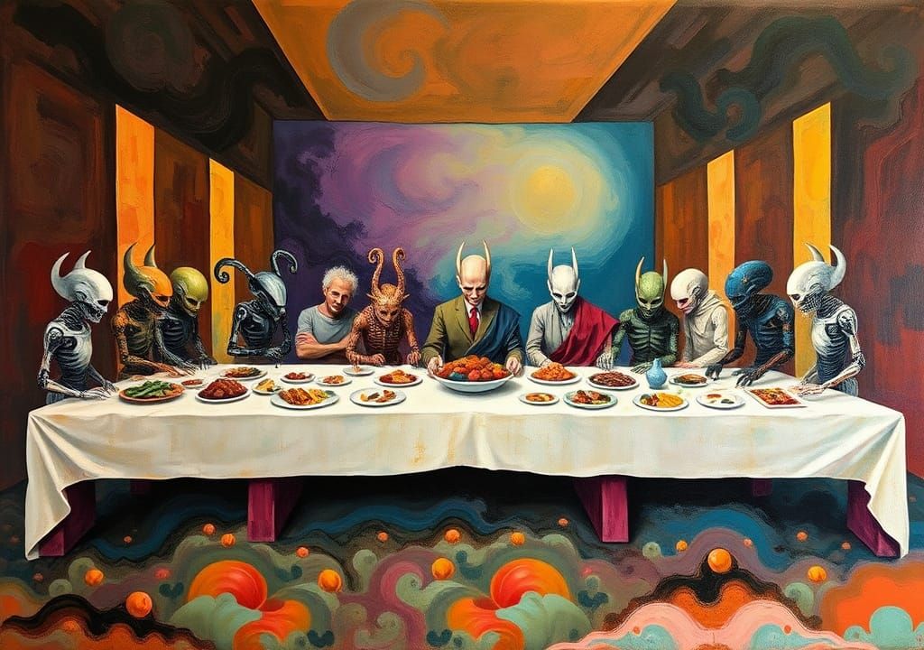Surreal Last Supper in Encaustic Style