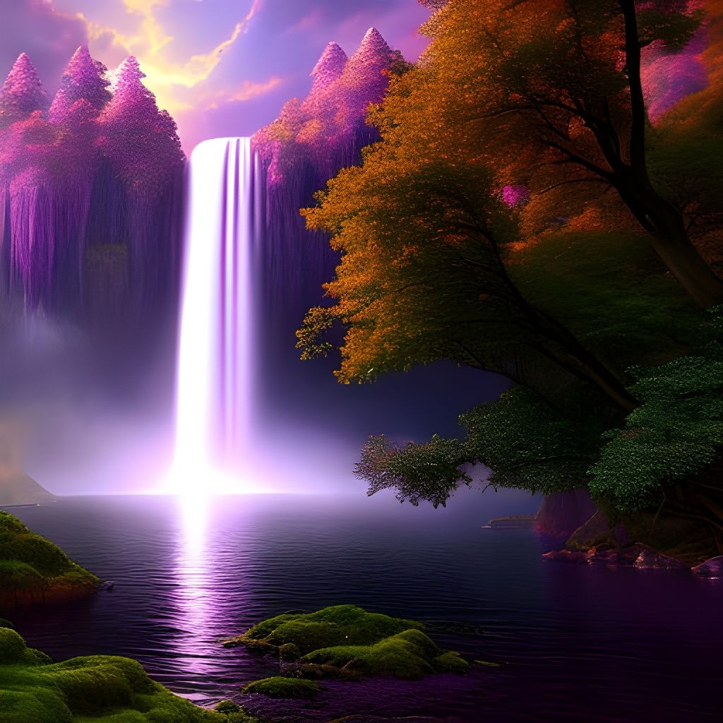 Cosmic Waterfall Kingdom at Sunset in Witchcore Style