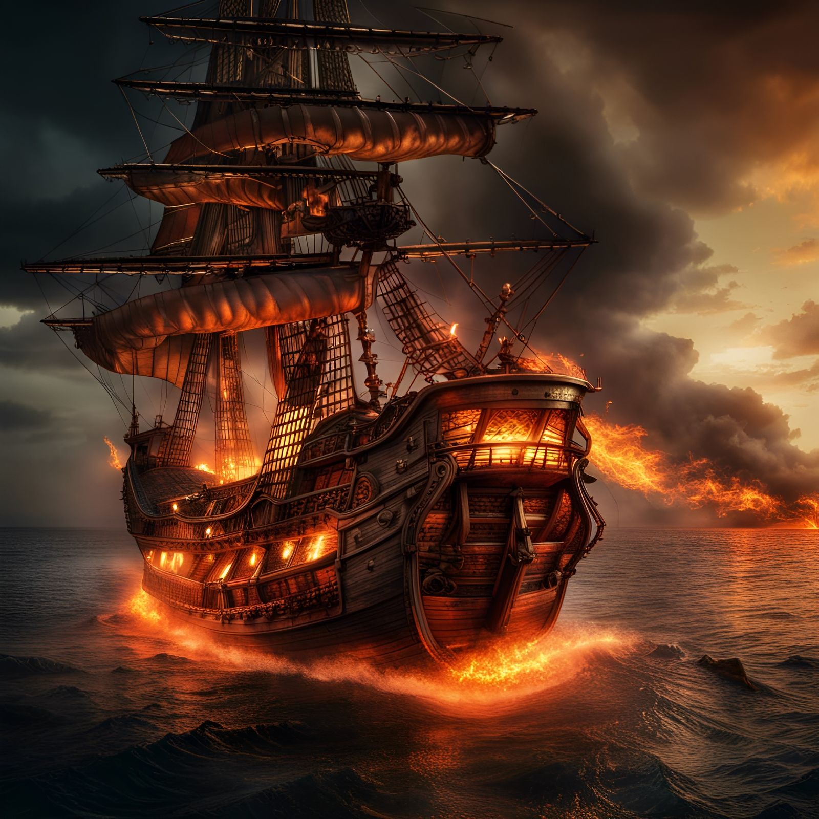 Fiery Pirate Ship in Hyperrealistic Detail