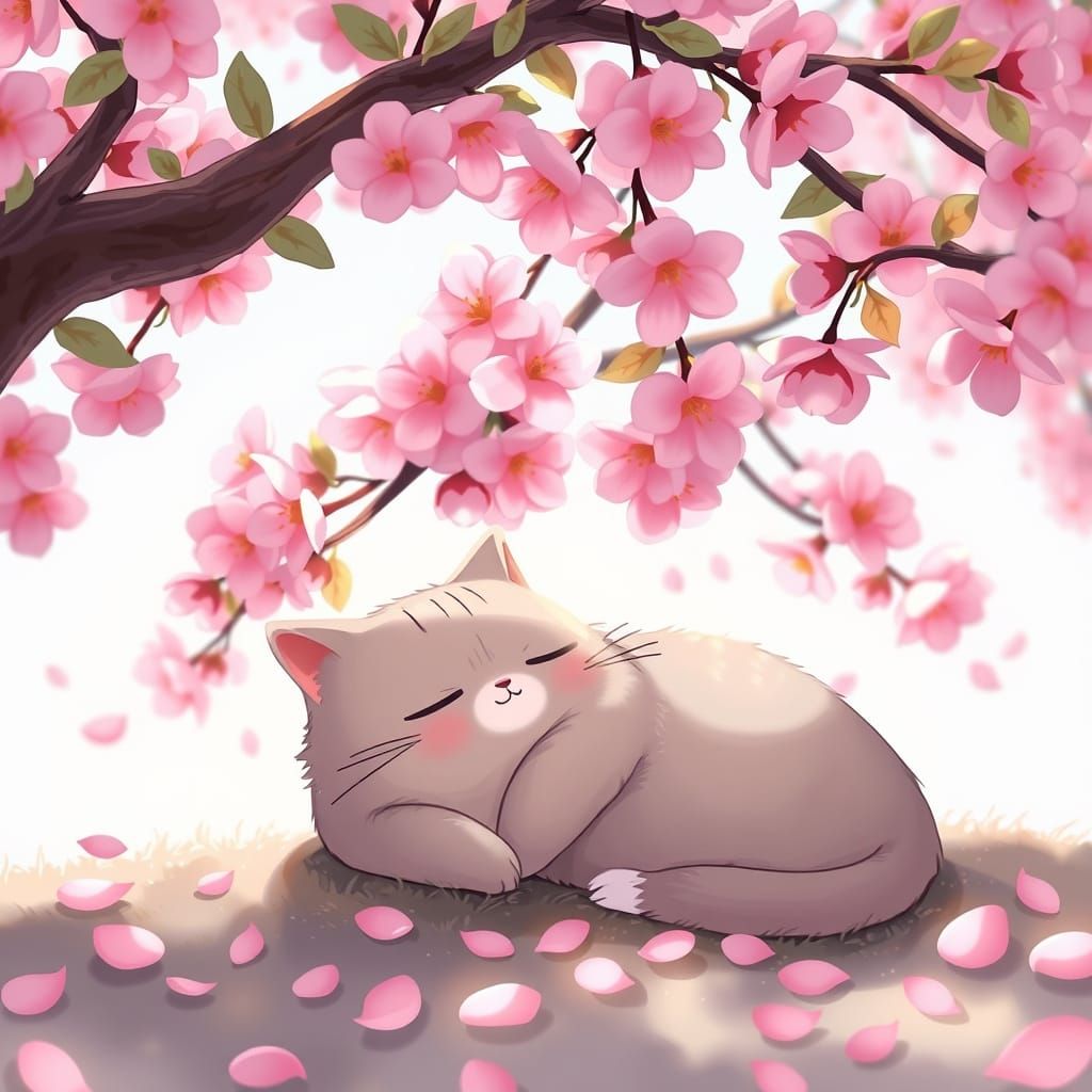 Pusheen Cat Napping Under Cherry Blossoms