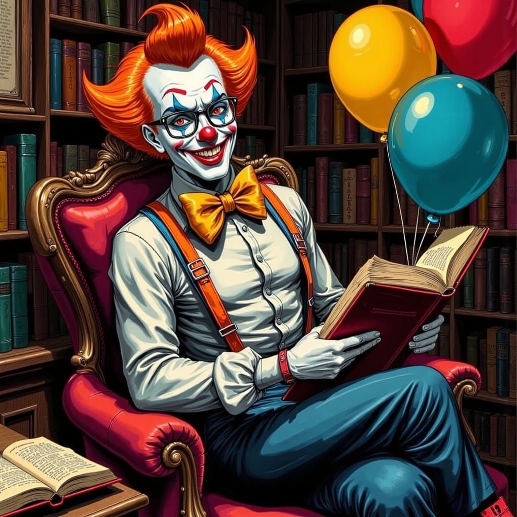 Clown Reads in Library, Silver Age Comic Style