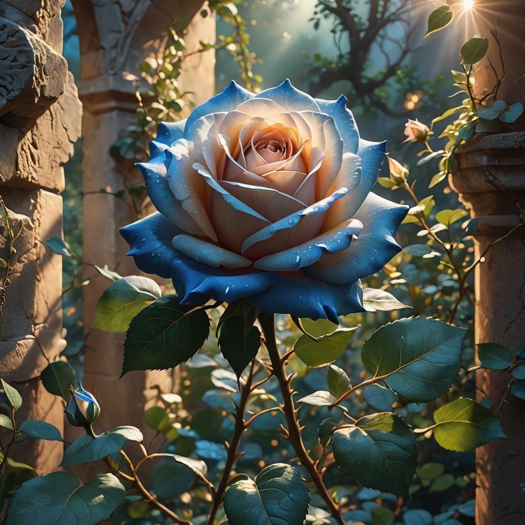 Mystical Blue Rose in Overgrown Garden: Digital Art