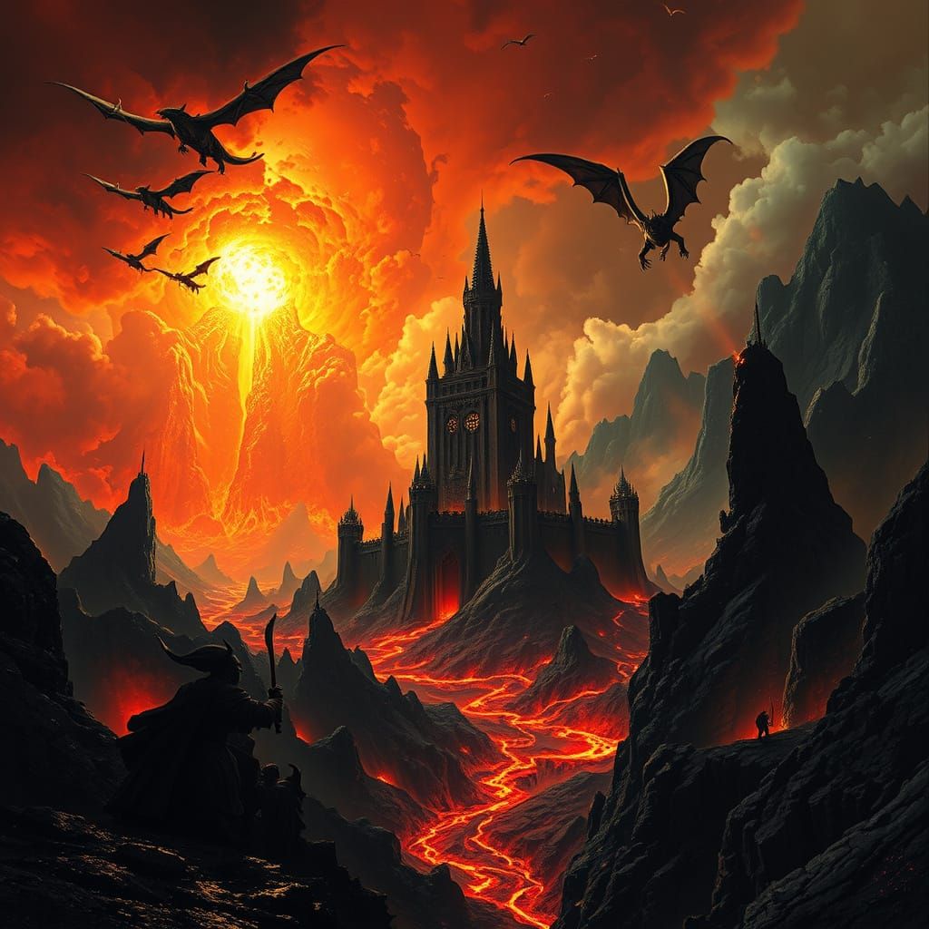 Mordor's Dark Landscape: Volcanoes and Fortress