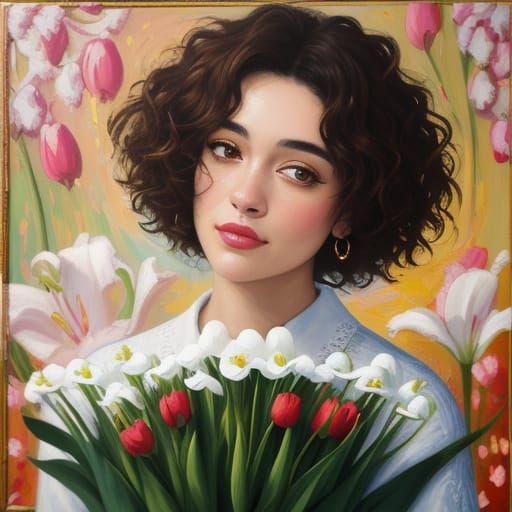 Neo-Impressionist Portrait with Flowers in Oil Paint