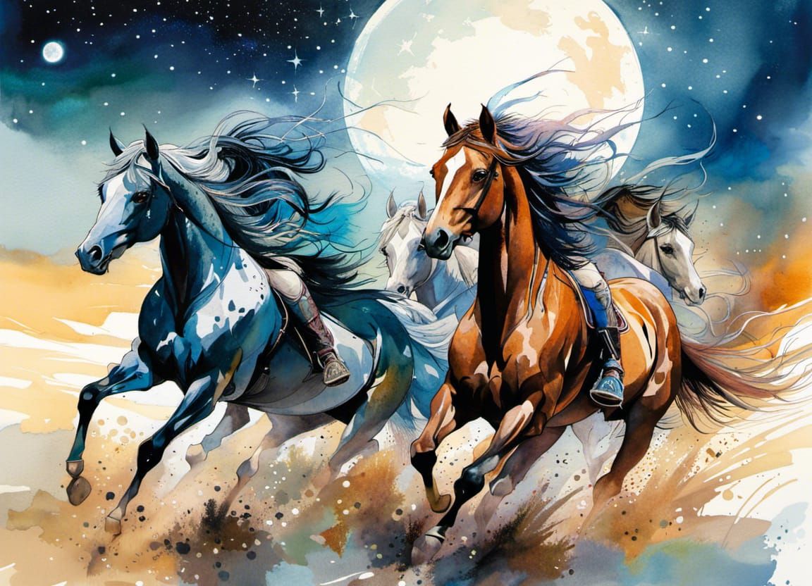 Stallions Race in Moonlit Arabian Desert