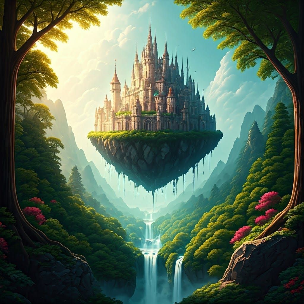 Ethereal Floating Castle Amidst Whispering Trees
