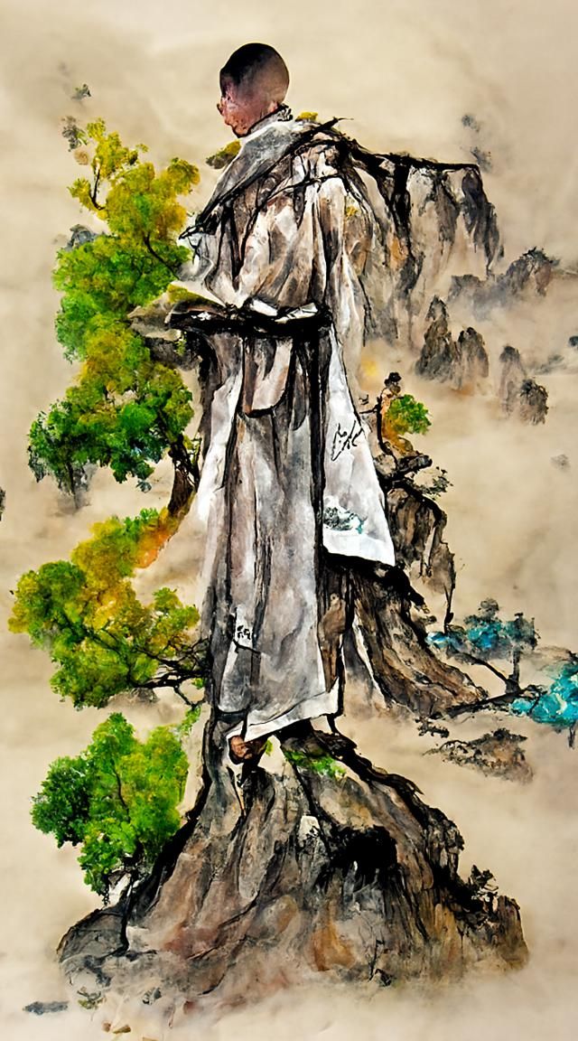 Chinese Fantasy Monk Under Tree, Watercolor Painting