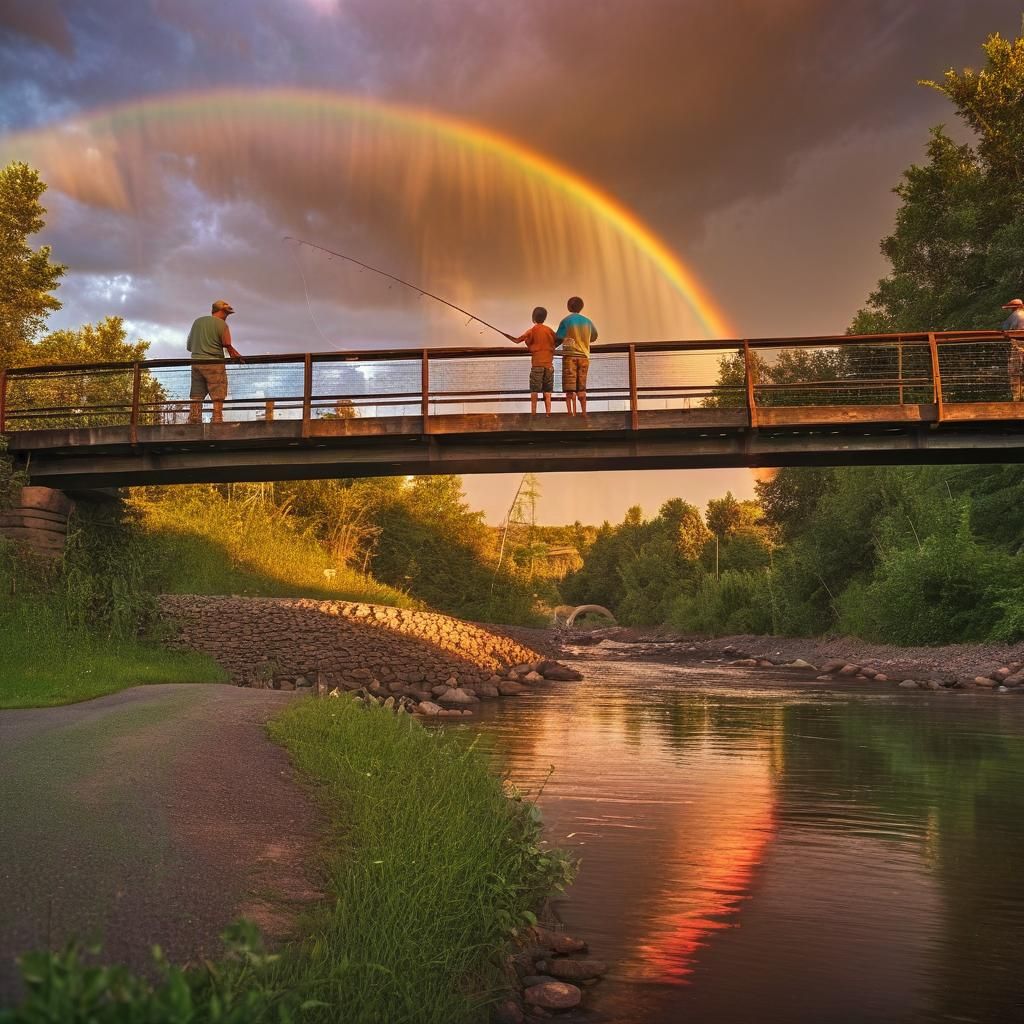 Father and Son Fishing Under Rainbow at Sunset
