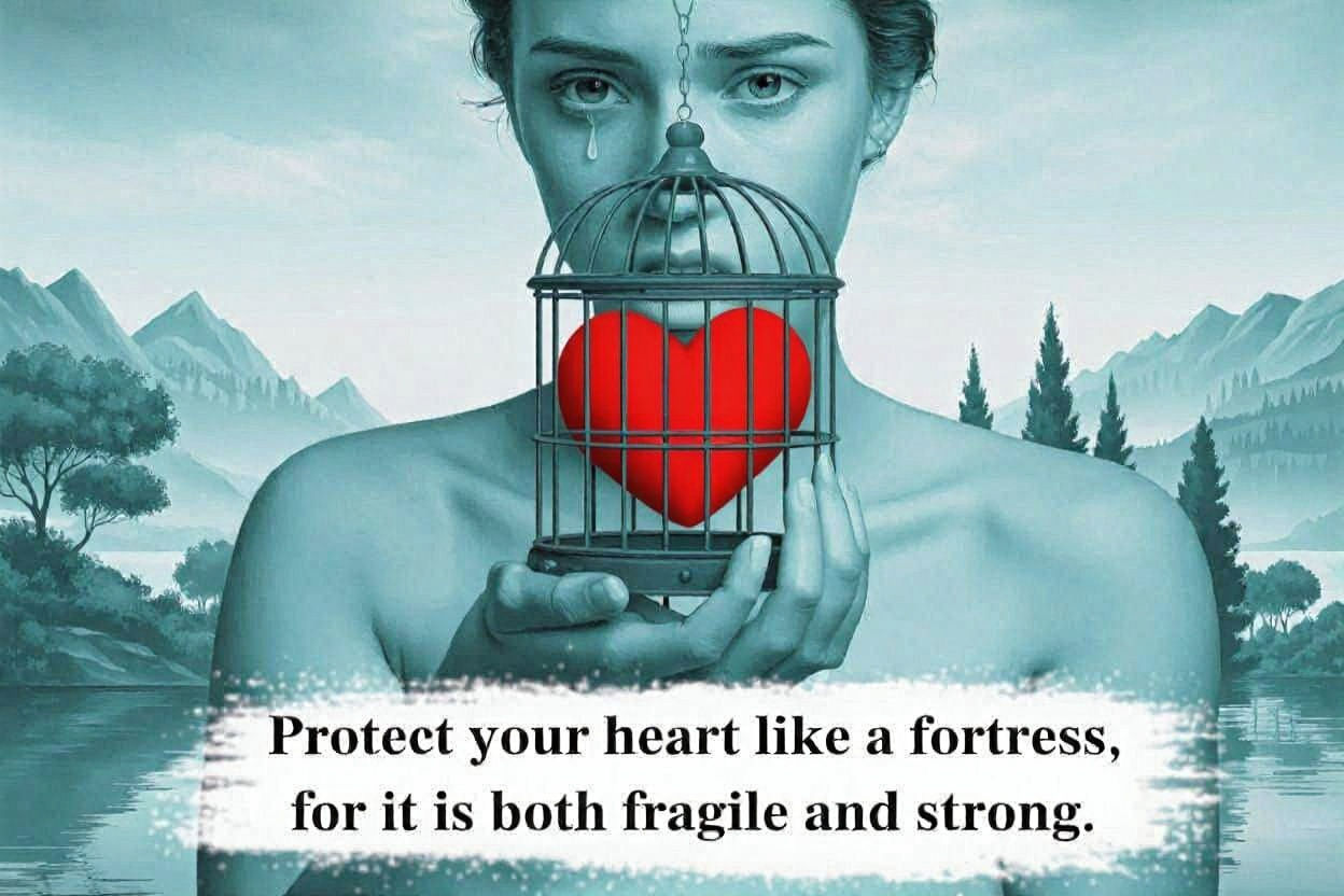 Sad Woman Protects Symbolic Heart in Birdcage