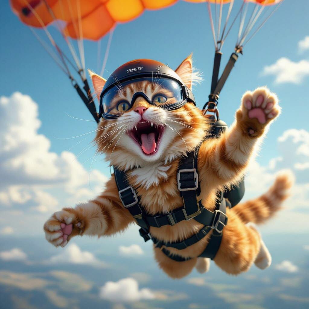 Excited Tabby Cat Skydiving in Photorealistic Style
