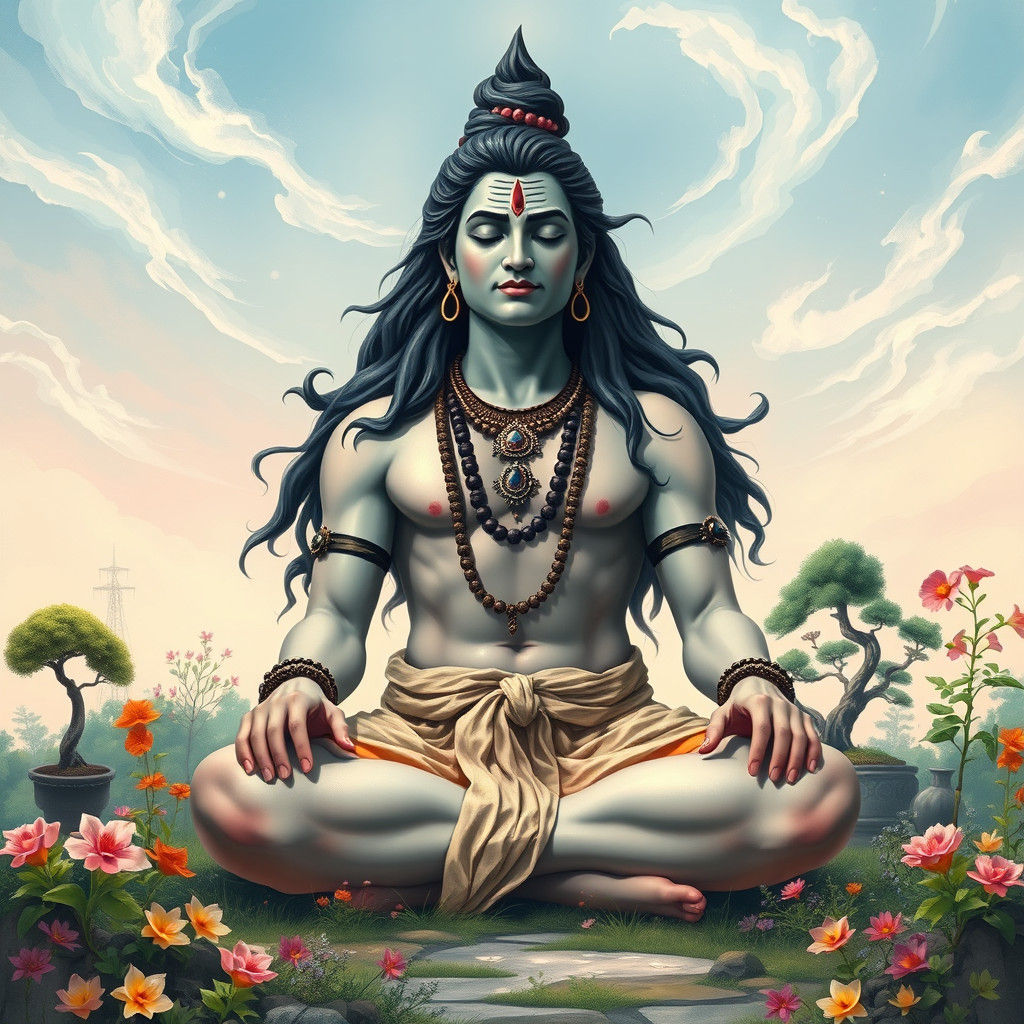 Lord Shiva Meditating Peacefully in Pastel Garden