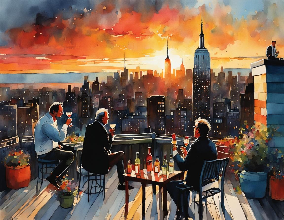 Sunset Toast on New York Roof Deck, Whimsical Illustration