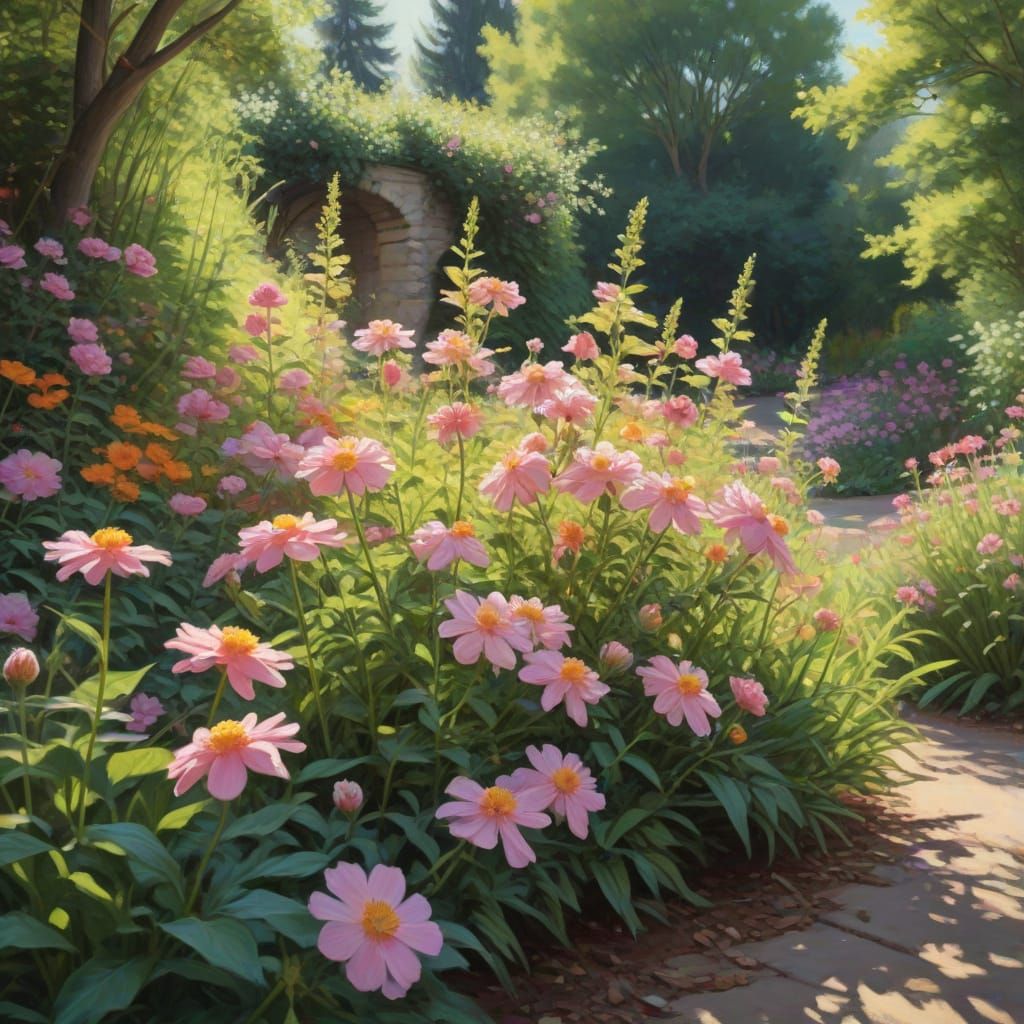 Vibrant Blooms in a Lush Garden - Impressionist Oil Painting