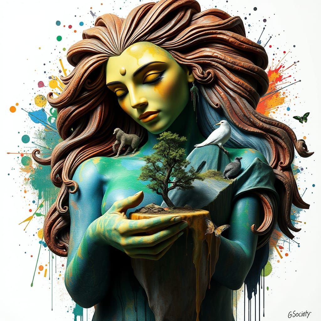 Earth Goddess Protecting Nature in a Colorful Style
