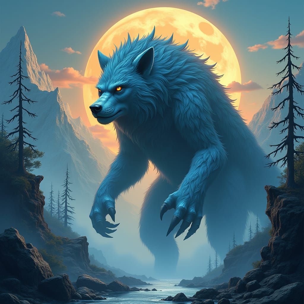 Colossal Werewolf in Mystical Landscape, Fantasy Art