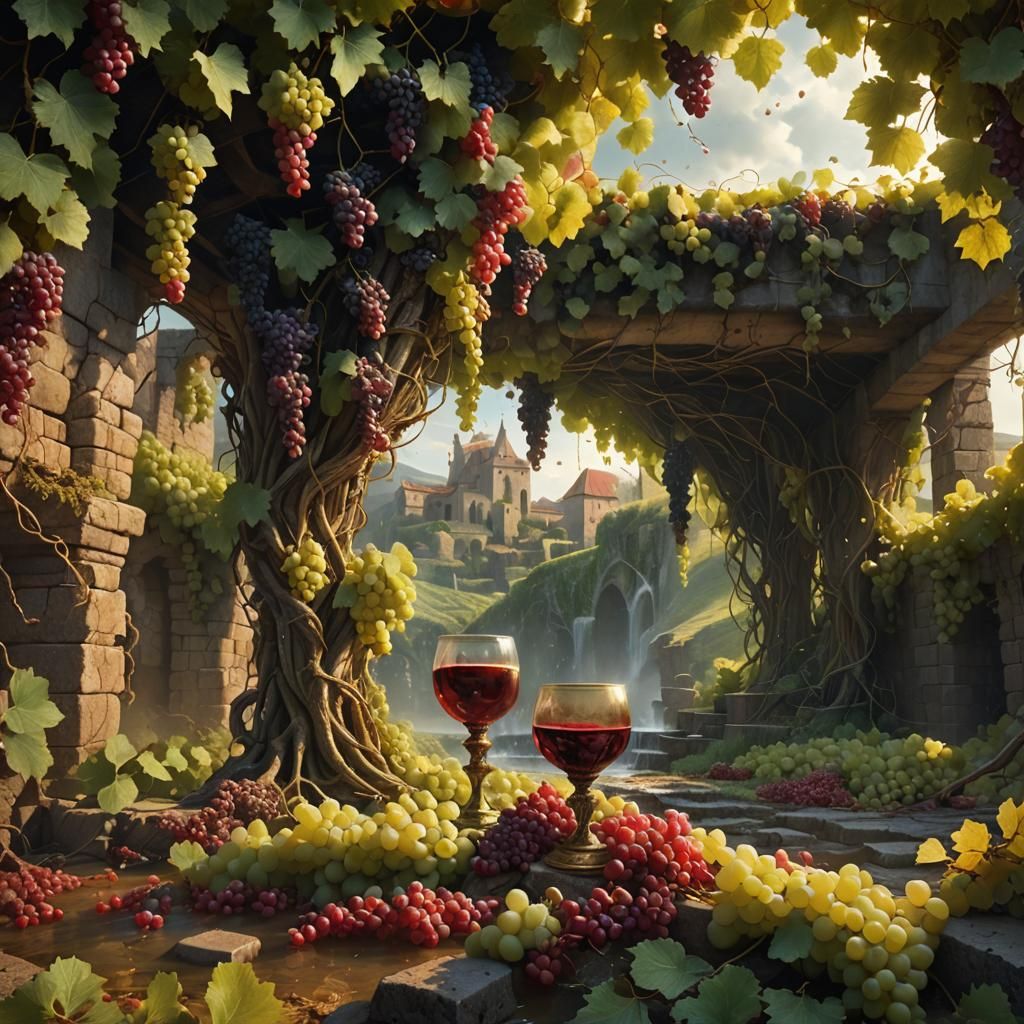 Surreal Vineyard with Wine Stream in Matte Painting Style