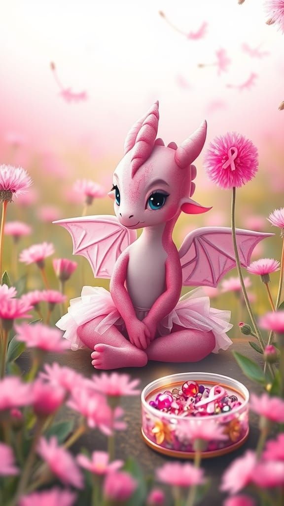 Pink Dragon-Girl Makes a Wish in Dandelion Field