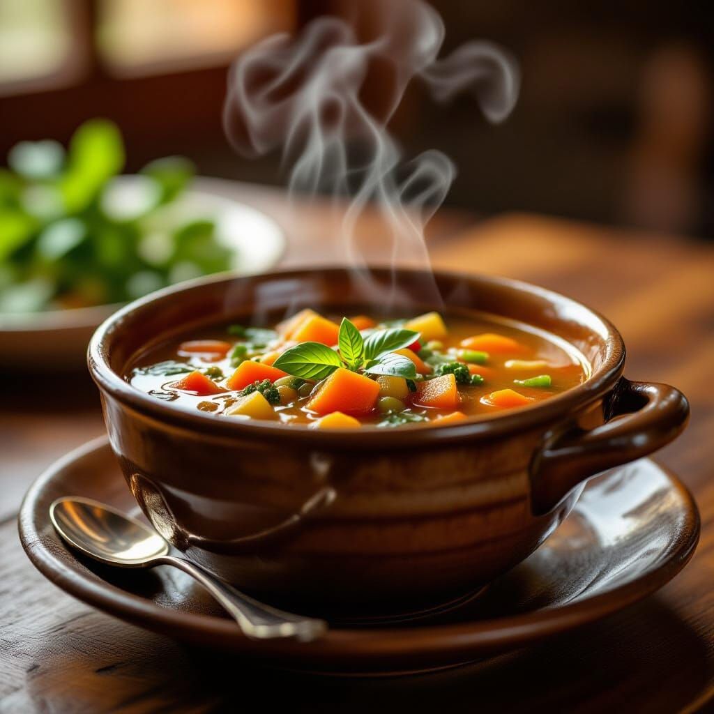 Photorealistic Steaming Vegetable Soup in Rustic Bowl