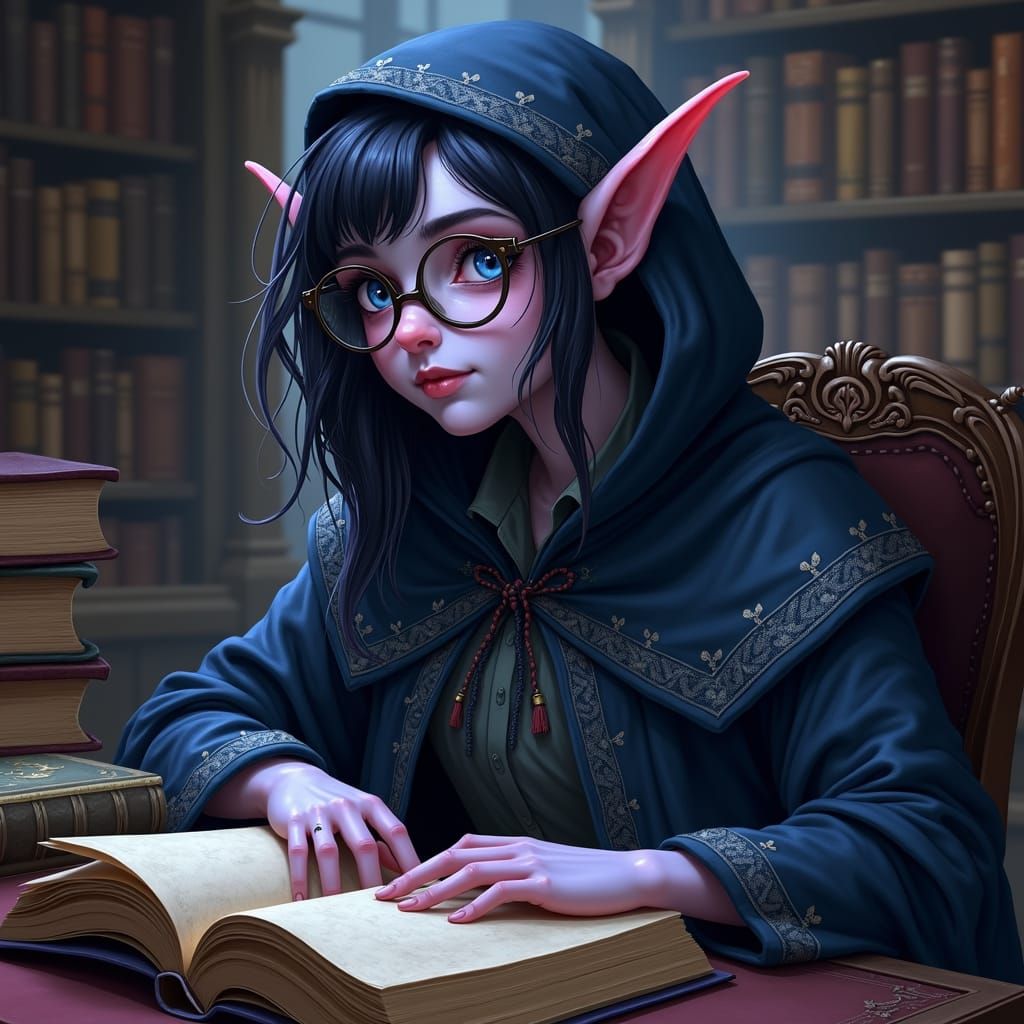 Tiefling Wizard in Library, Dreamlike Illustration