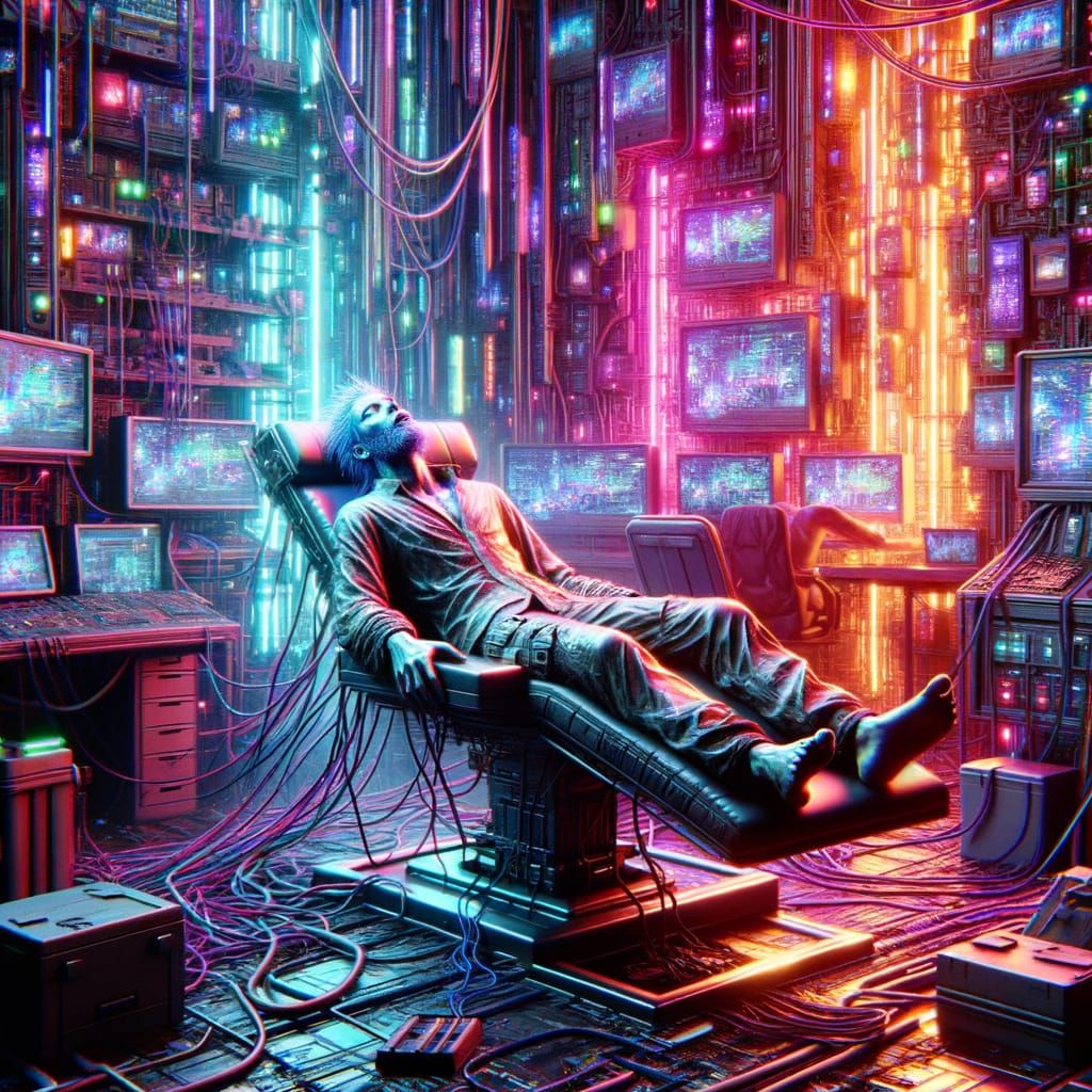 Cyberpunk Hacker Overwhelmed by Technology