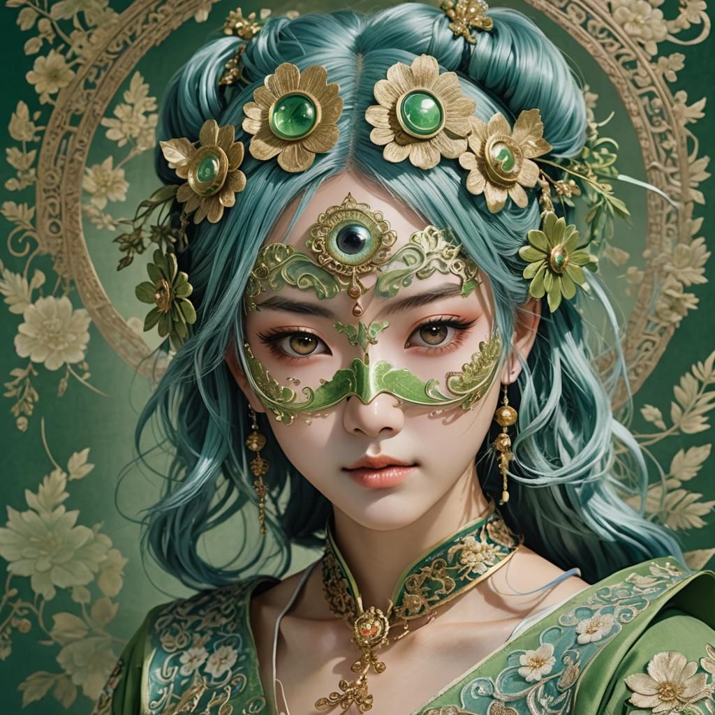 Blue-Haired Woman with Mask: Hyperrealistic Digital Portrait