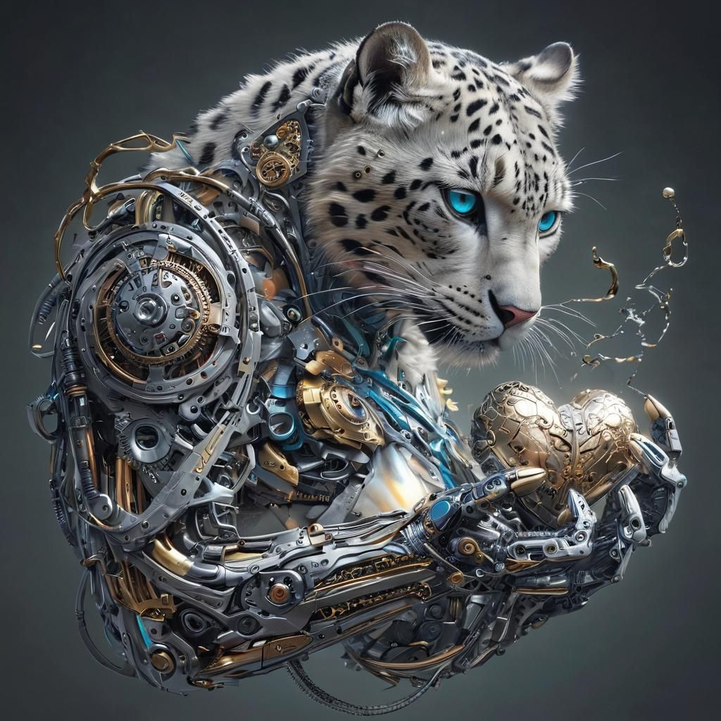 Snow Leopard Cyborg Heart in Sci-Fi Art