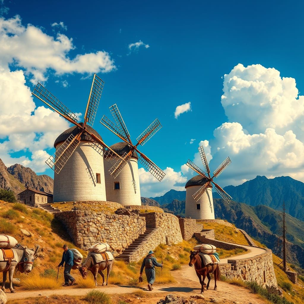 Majestic Windmills Amidst Rugged Mountains in Warm Golden Li...
