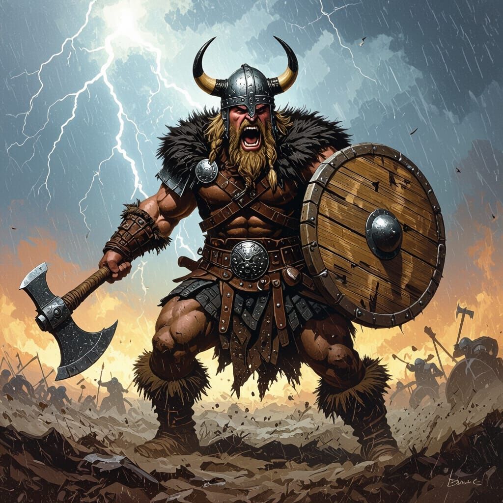 Furious Viking Warrior with Axe on Stormy Battlefield