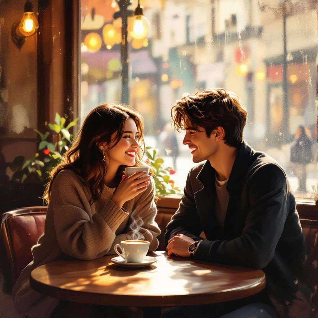 Couple Shares Coffee in Cozy Cafe, Romantic Digital Painting