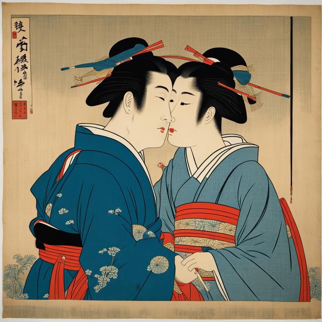 Romantic Kiss in Ancient Japanese Print Style