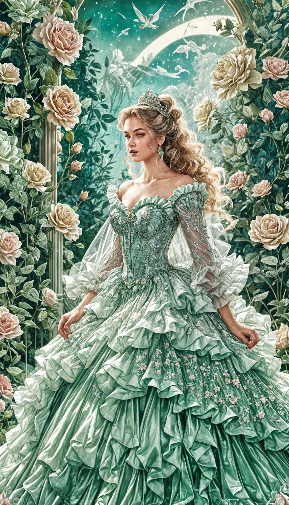 Sparkly Hypermaximalist Princess in a Lavish Mint Green Gown