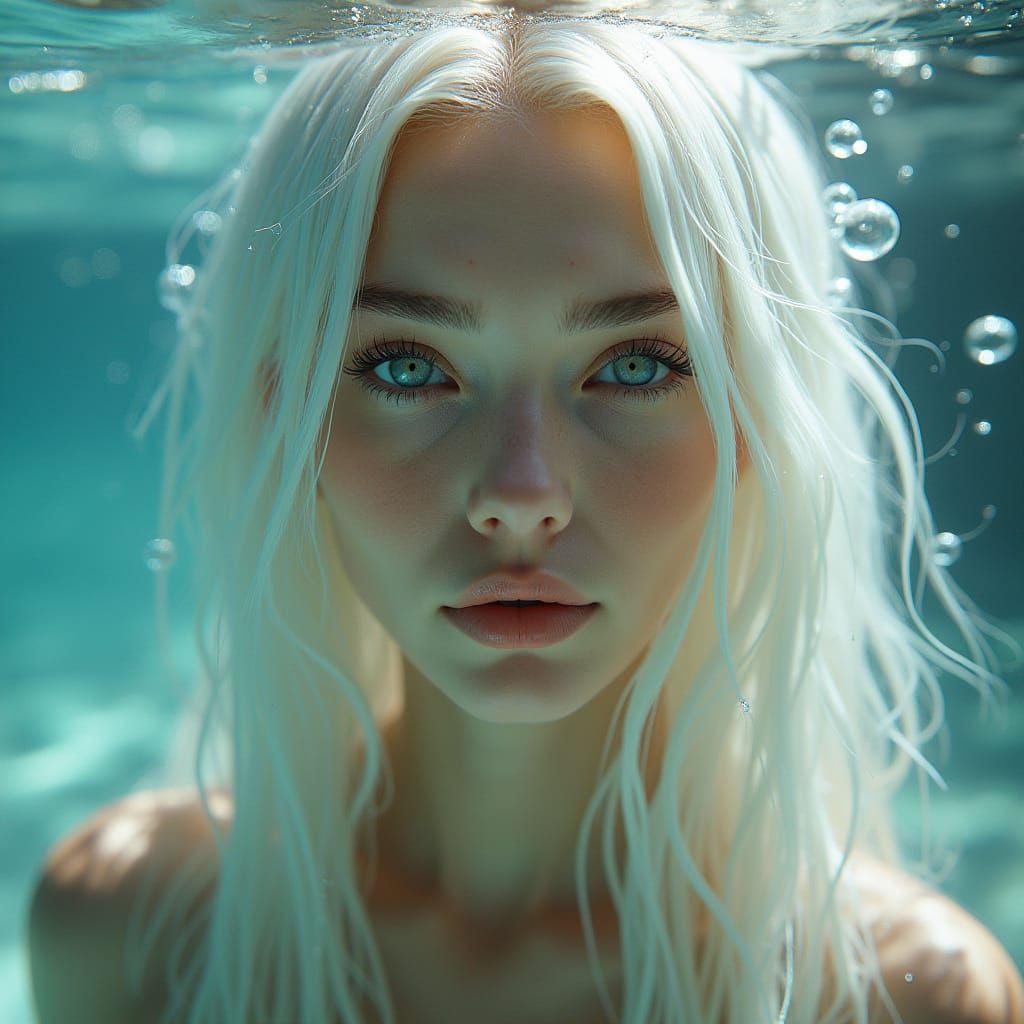 Mystical Underwater Fashion Photography of White-Haired Woma...