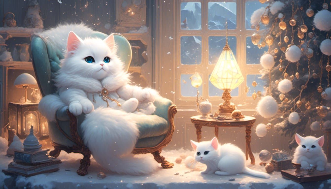 <lora:eye:1.0> cute, fluffy white cat ,chibi mice sitting in...