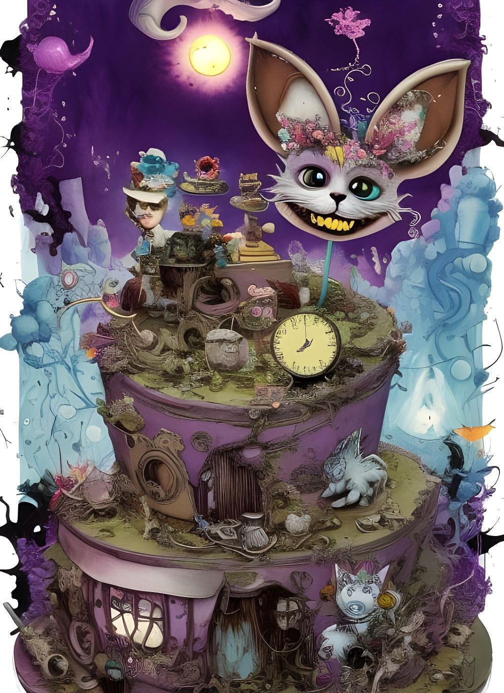 Alice in Wonderland Cake Surprise: Gritty Watercolor Art
