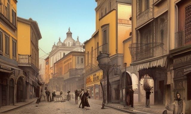 1880s Lisbon Street in Hyperrealistic Splash Art