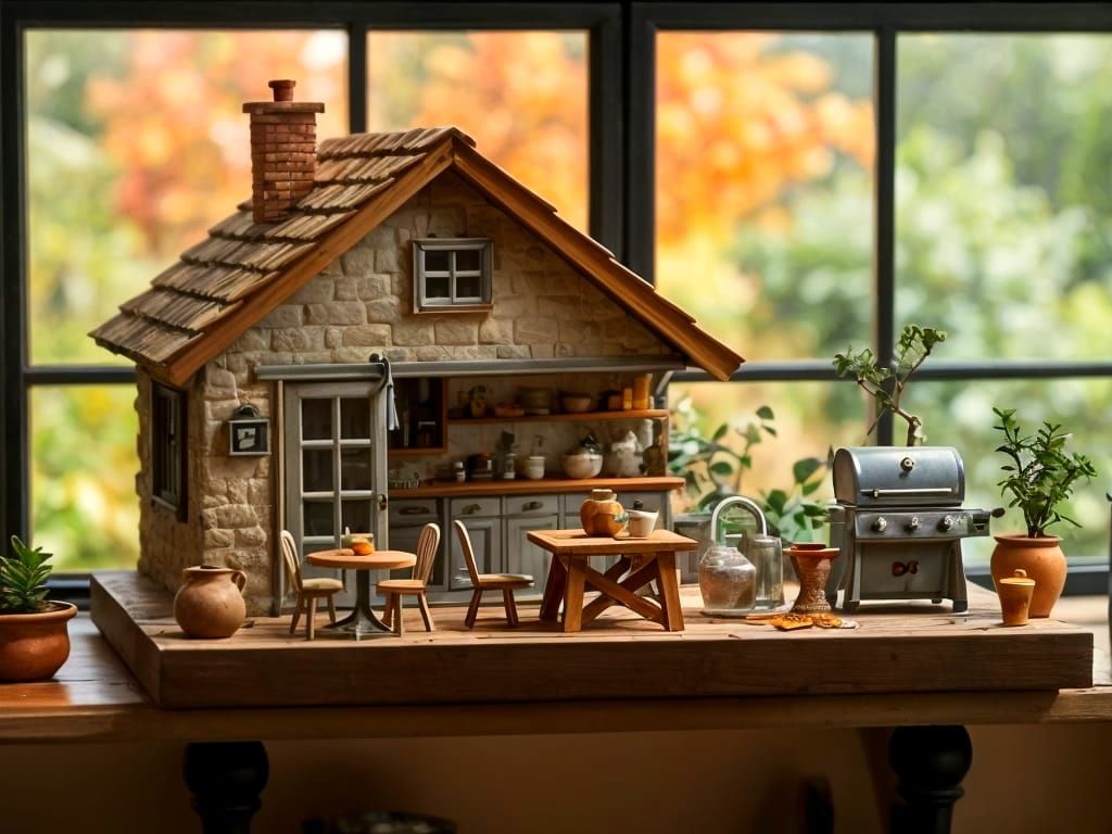 Detailed Miniature Cottage With Barbecue, Hyperrealistic Art