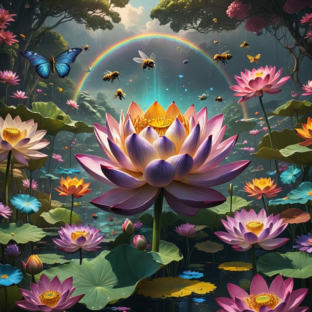 Rainbow Lotus Flower with Bee, Digital Art