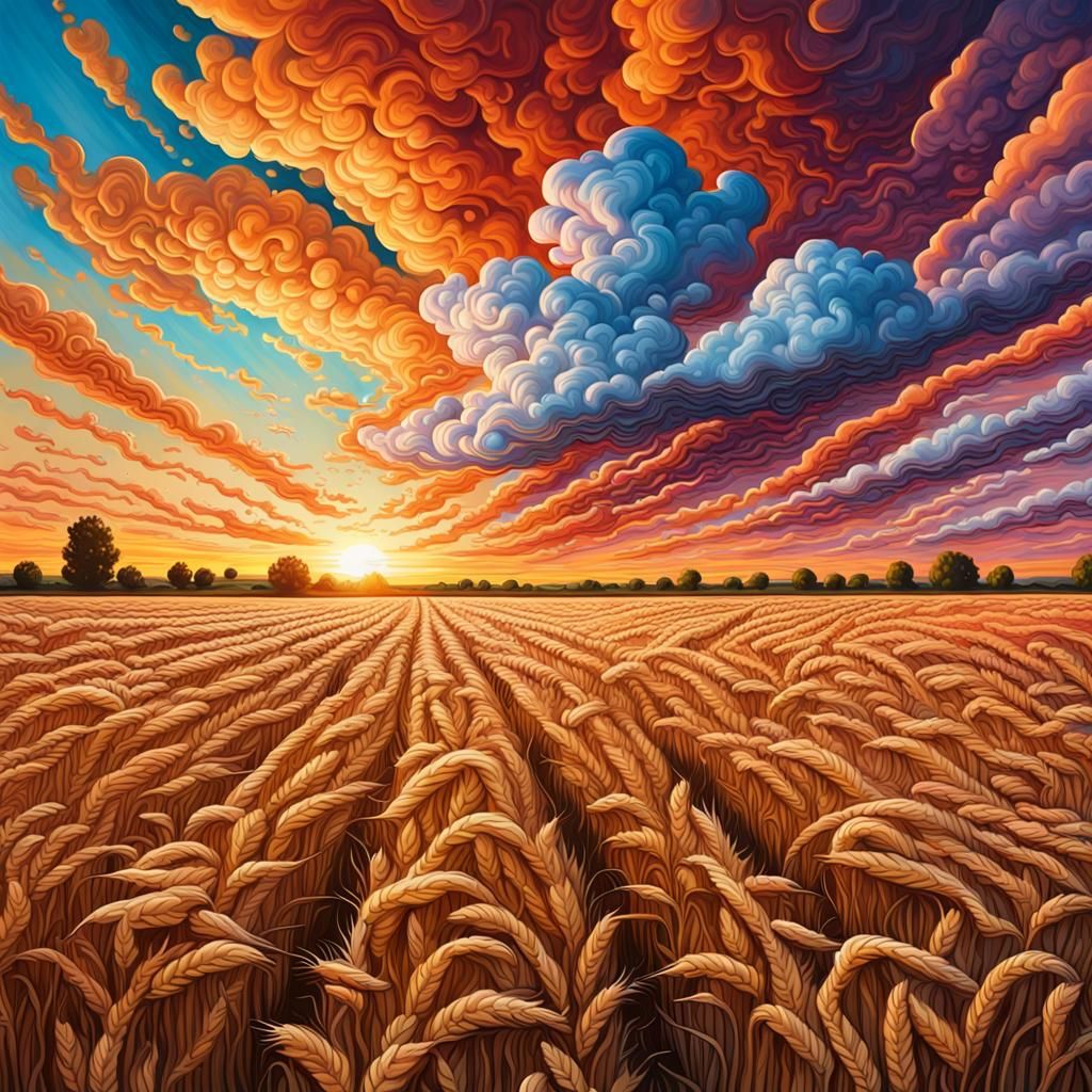 Sunset Wheat Field with Cirrocumulus Clouds in Graffiti Art