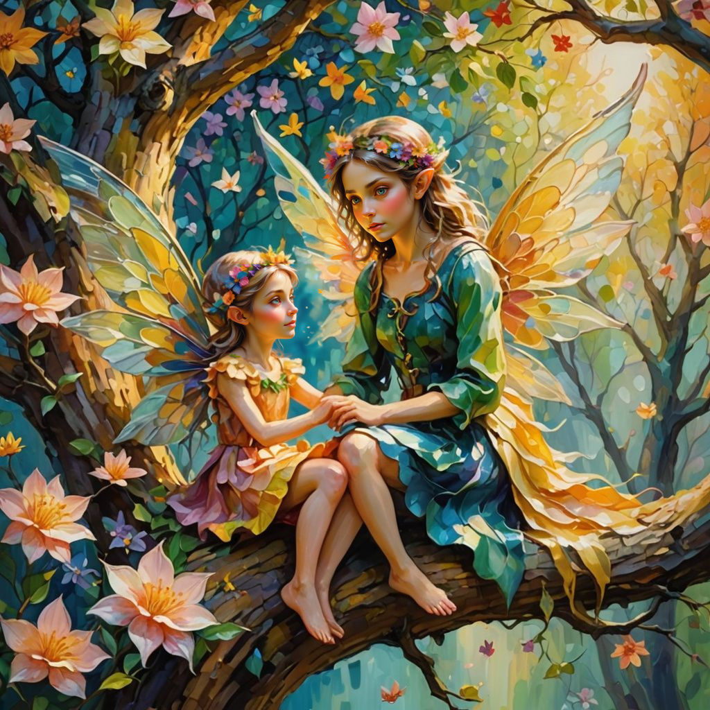 Colorful Fairy in Flower Tree, Impressionistic Impasto