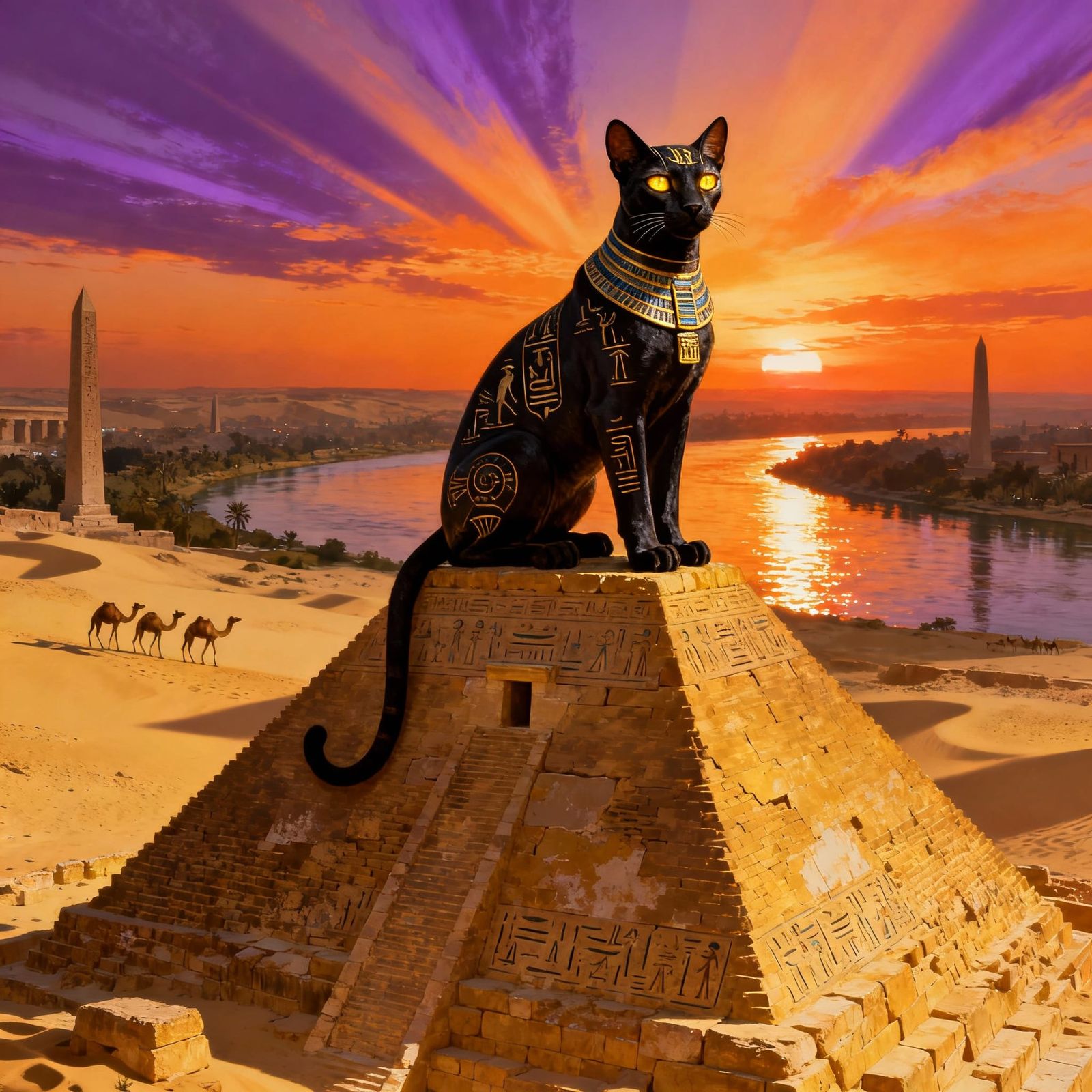 Majestic Egyptian Cat on Giza Pyramid at Sunset